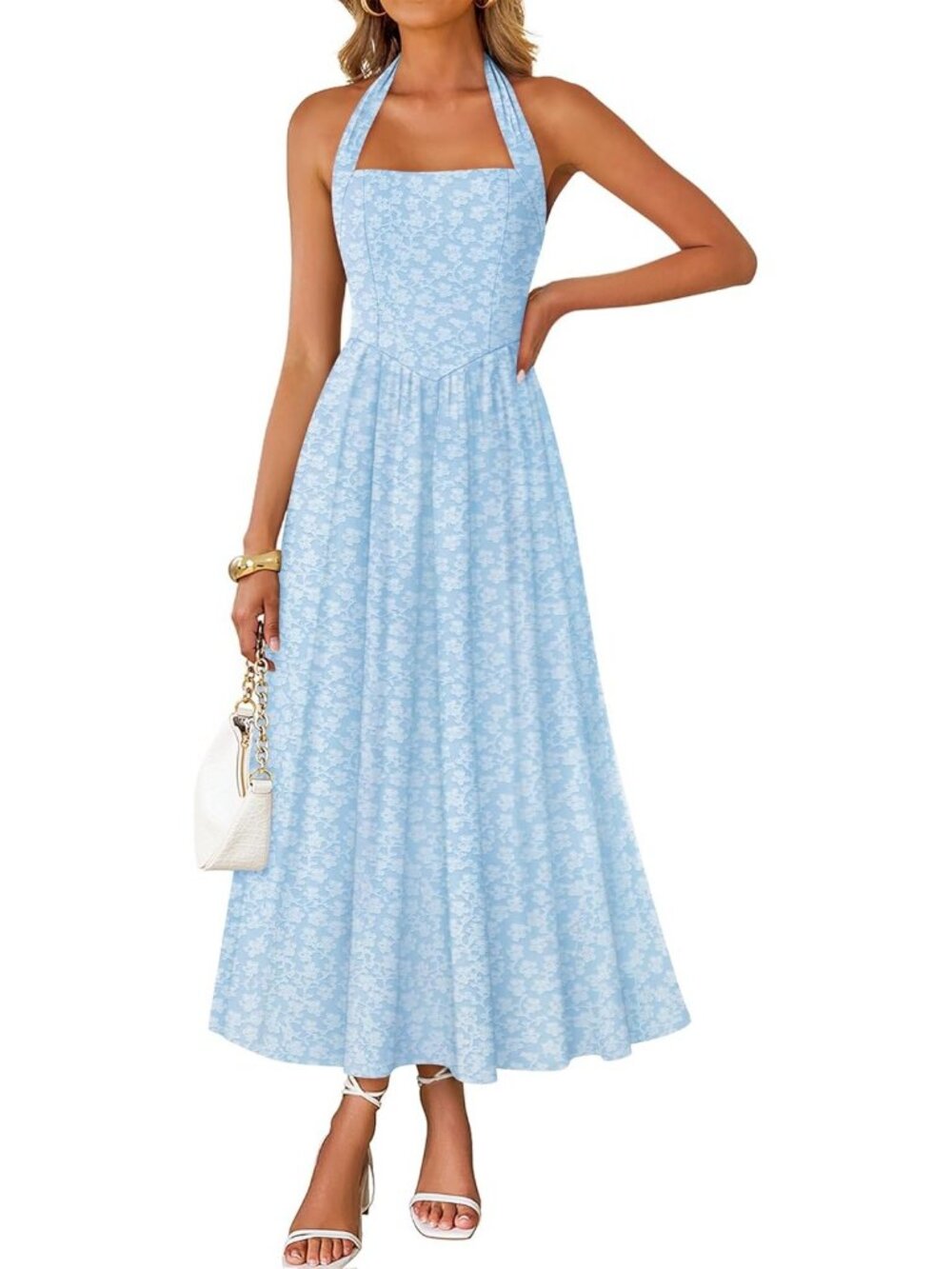 Women's Blue Floral Halter Maxi Sleeveless Flowy A-Line Formal Dress